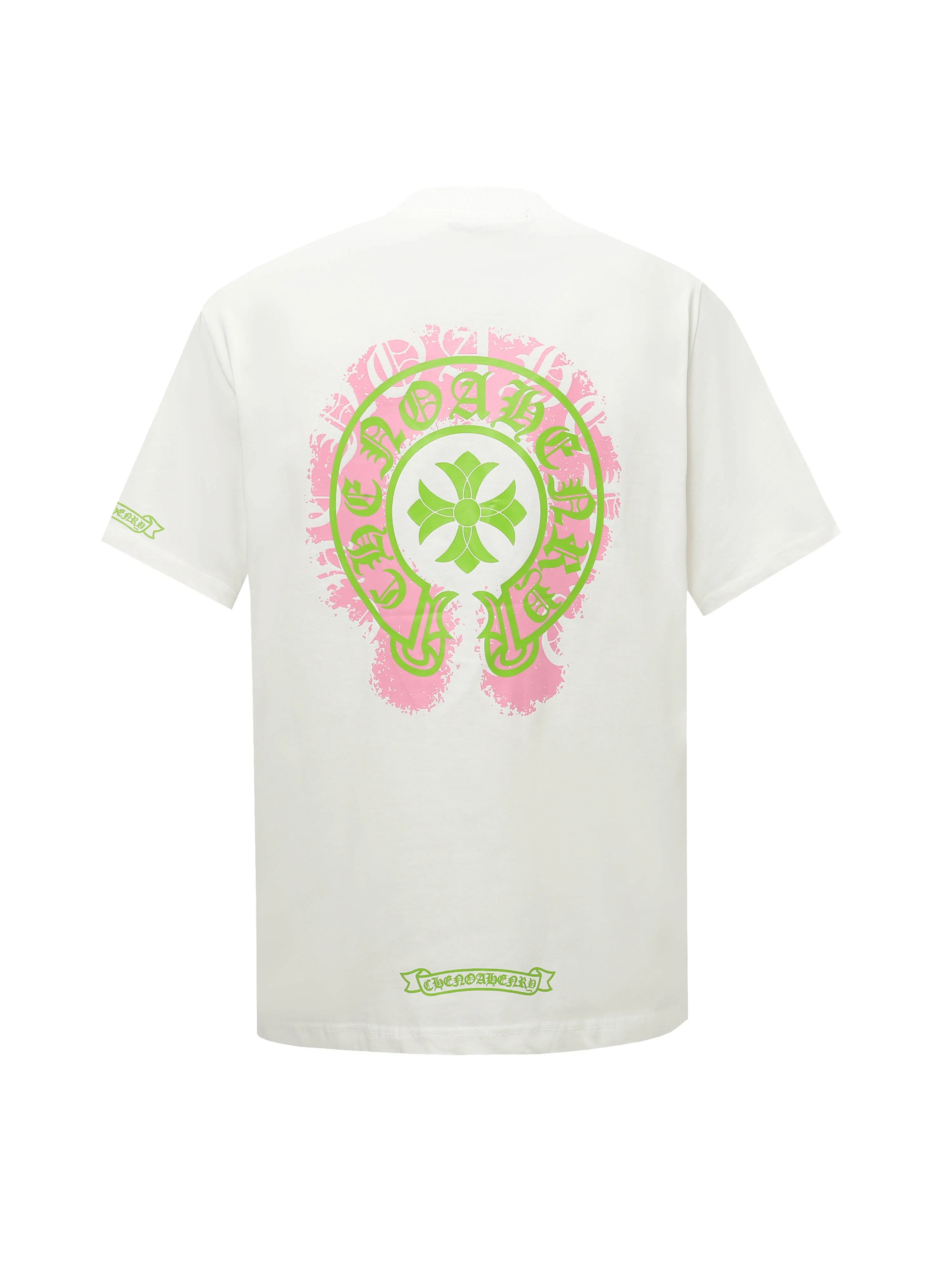 🅿️170 Chrome hearte/Chrome heart ch 25ss early spring Sanskrit horseshoe print short-sleeved T-shirt. A must-have item for daily commuting for men and women in light luxury. The correct version is welcome to compare. Detailed features: ·280g 100% cotton double yarn jersey fabric. ·Custom-dyed in the same cylinder, special thickened 32 pieces double-strand 1x1 thread. ·Double-needle cross-stitch technology. ·Original main mark washed tag. Color: black white. Size: XS-L